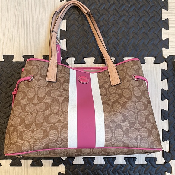 Coach Pink Stripe Brown Signature Coated Canvas Carryall Tote Bag F22908 NWT - Picture 10 of 16